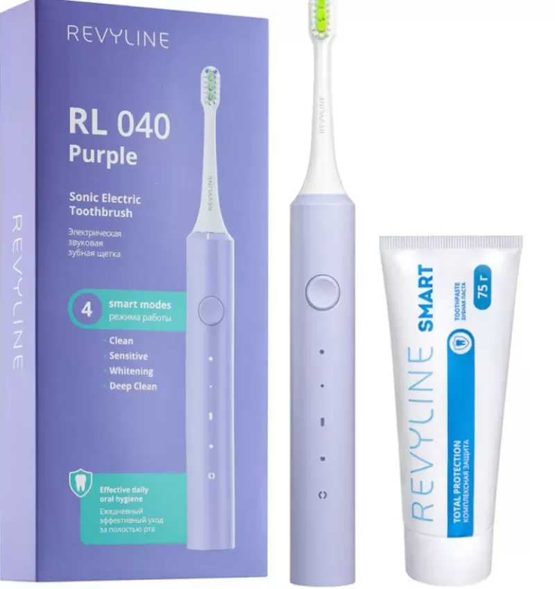 Звуковая зубная щетка Revyline RL040 в фиолетовом корпусе и паста